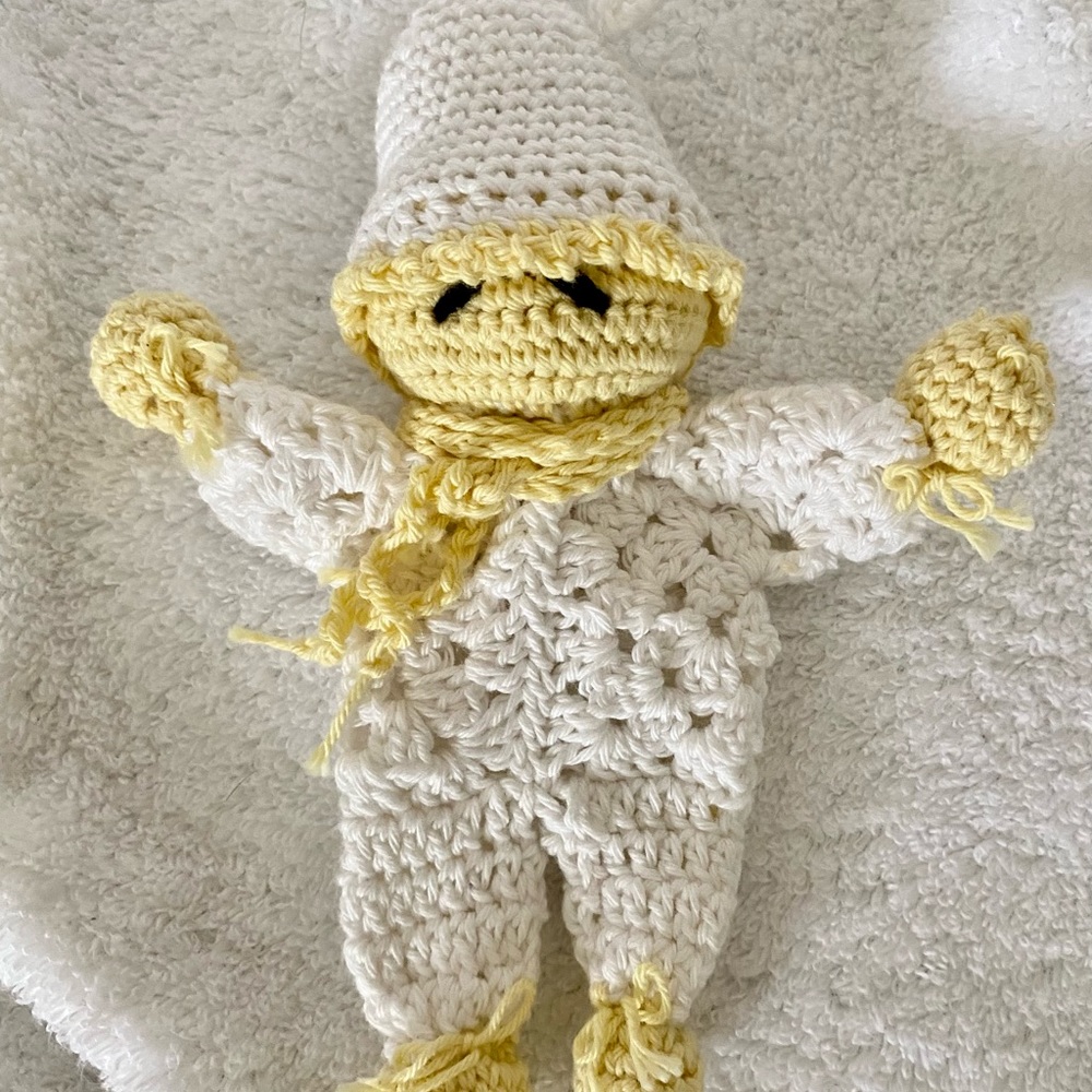 Handmade Crocheted Baby Stuffed white and yellow cotton